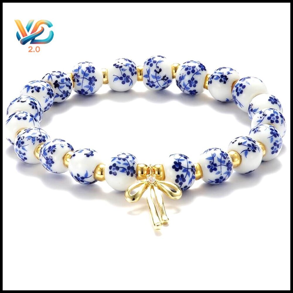 Gold Plated Floral Beaded Stretch Bracelet, 7-7.5‎ Inch Wrist, Dainty Charm